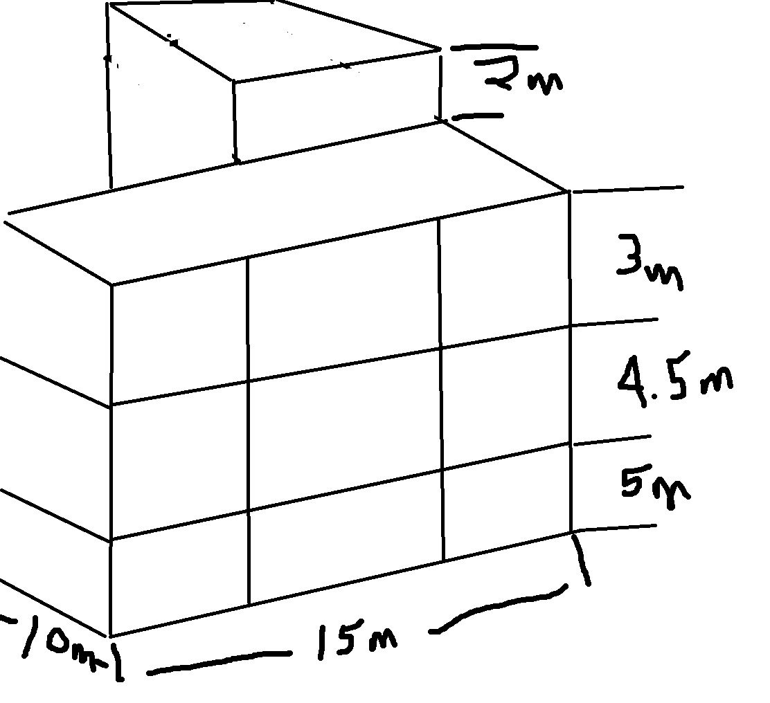 Hand-drawn concept sketch of a mass timber structure with dimensions